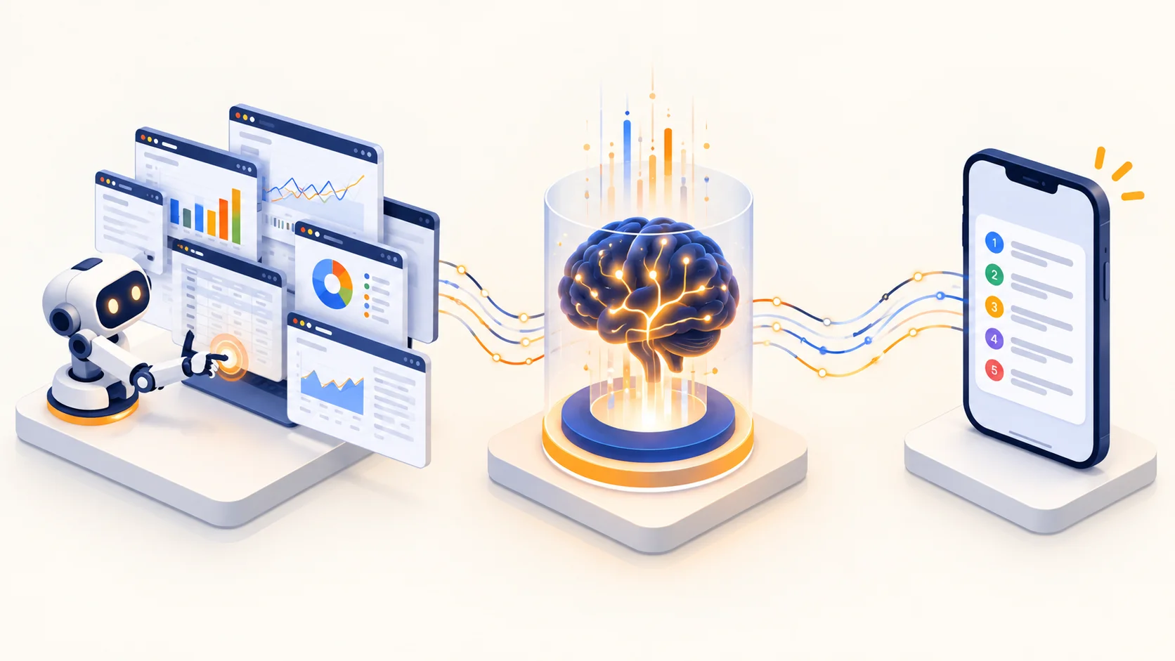 Automation flow: a bot collects analytics data, AI analyses it, and article ideas arrive on a phone